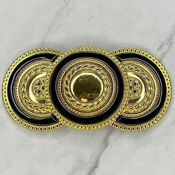 Vintage Gold Tone and Black Medallion Cinch Belt Buckle ✨ - Picture 1 of 7